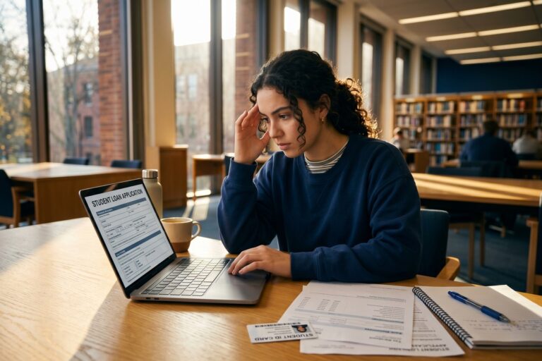 College student reviewing private student loan options with no cosigner on a laptop