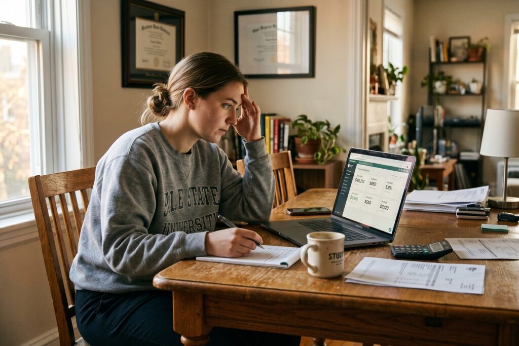 Person reviewing student loan refinancing options with bad credit on a laptop