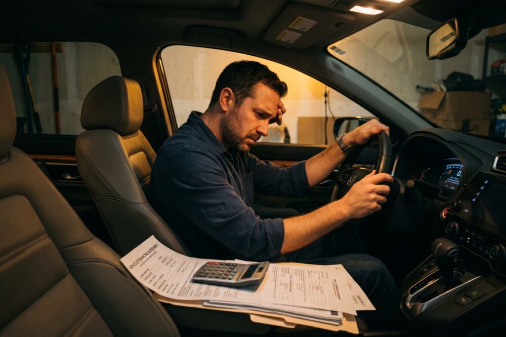 Person reviewing auto loan refinancing documents with calculator showing hidden costs