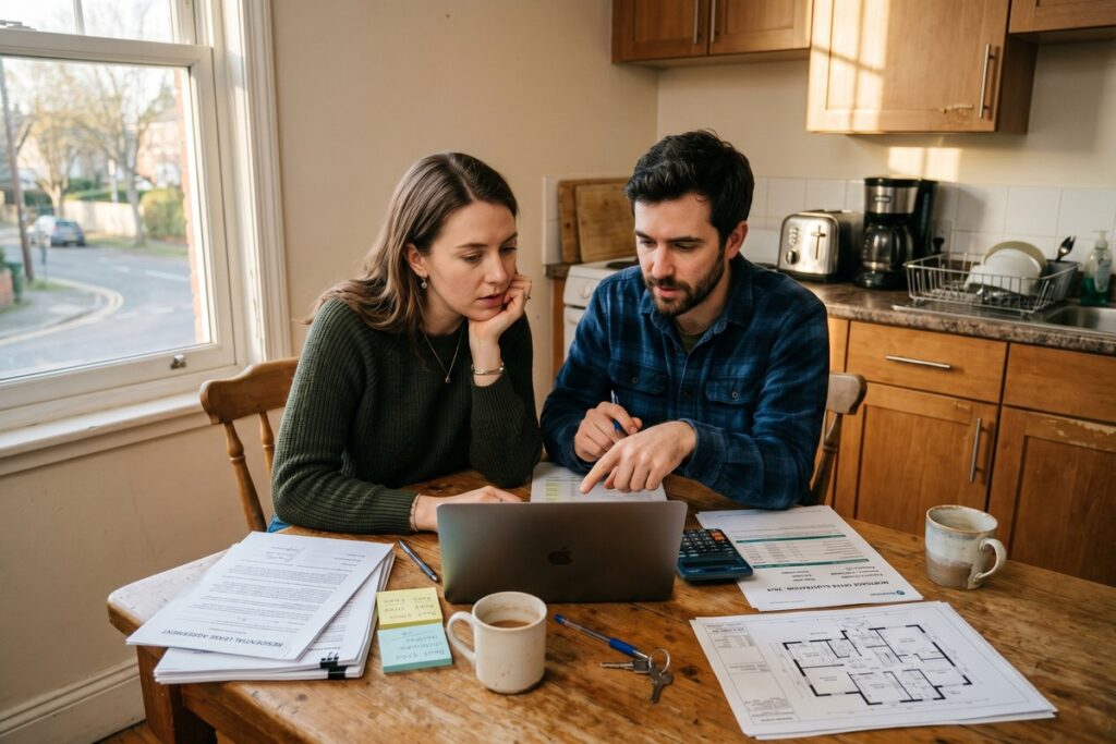 Side-by-side comparison of renting vs buying costs with hidden expenses highlighted on a financial planning worksheet