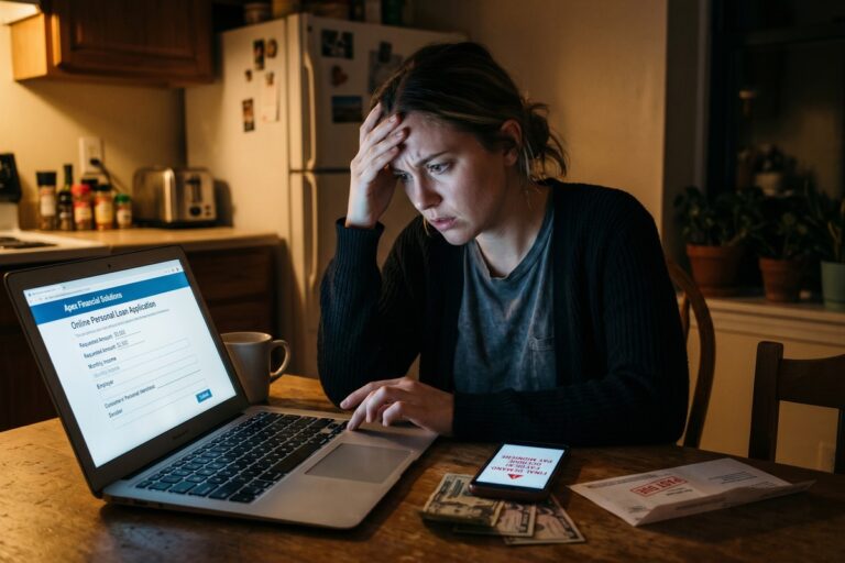 Person reviewing same day online loan terms on a laptop with a warning sign overlay