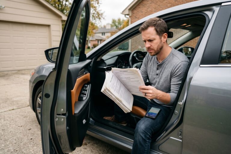 Stressed car owner reviewing auto loan documents showing high interest rate payments