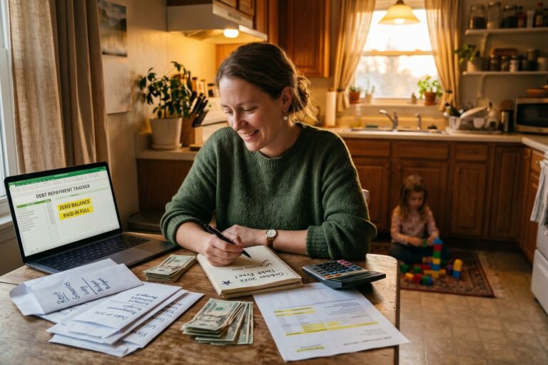 Single mom reviewing budget spreadsheet to track debt payoff progress on a modest income