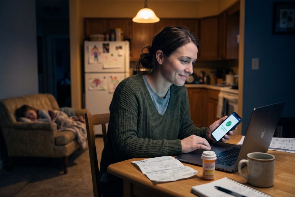 Single mom using laptop to apply for online lending to cover a medical emergency