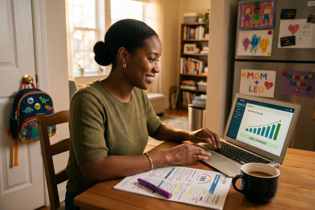 Single mom reviewing credit score report on laptop at home kitchen table