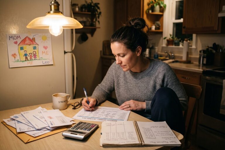 Single mother reviewing her debt payoff budget plan at a kitchen table with financial documents and a calculator