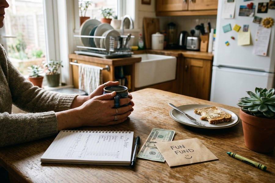 Single mother reviewing monthly budget spreadsheet at kitchen table with bills
