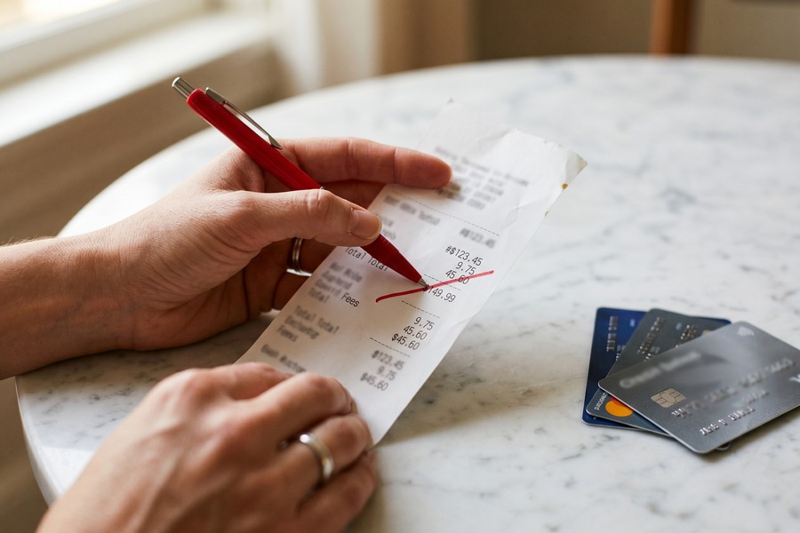 Woman on phone negotiating credit card interest rate with notepad in hand