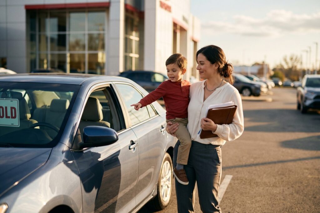 Single parent reviewing auto loan approval documents at home with child nearby