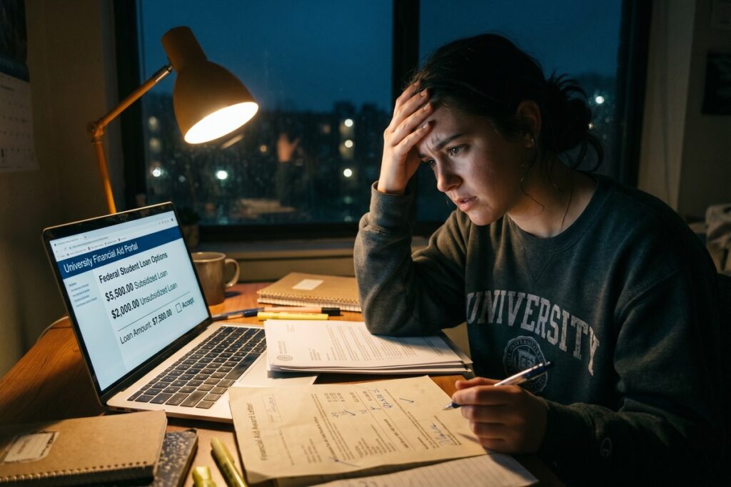College freshman reviewing student loan borrowing limits and annual caps on a laptop