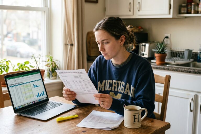 A student reviewing loan documents showing a growing balance due to capitalized interest