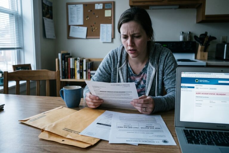 Stressed borrower reviewing student loan default consequences on laptop