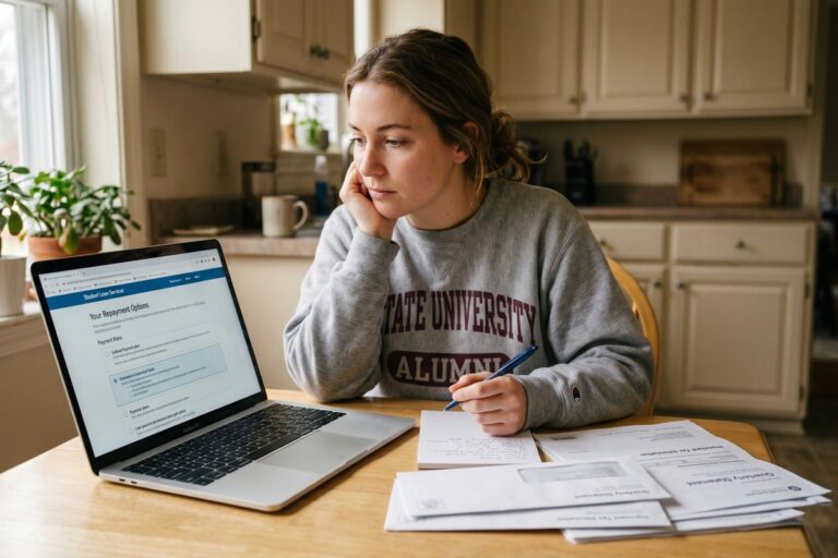 Student reviewing deferment vs forbearance options on laptop with loan documents on desk
