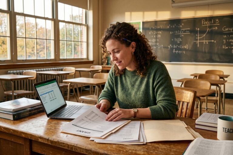 Teacher reviewing student loan forgiveness program documents at a school desk