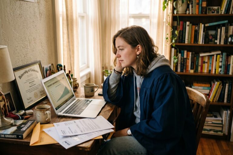 College graduate reviewing student loan grace period details on a laptop before repayment starts