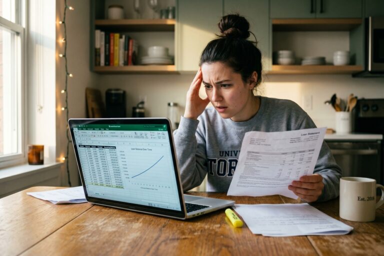 Student reviewing loan documents to understand interest capitalization on student loans