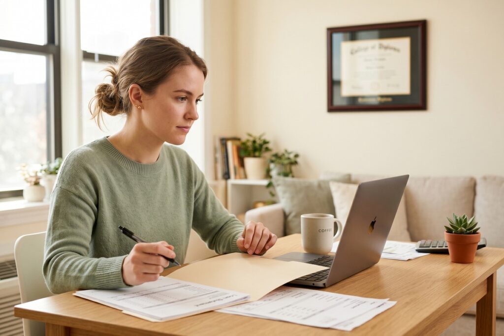 Graduate reviewing student loan interest deduction on tax return documents