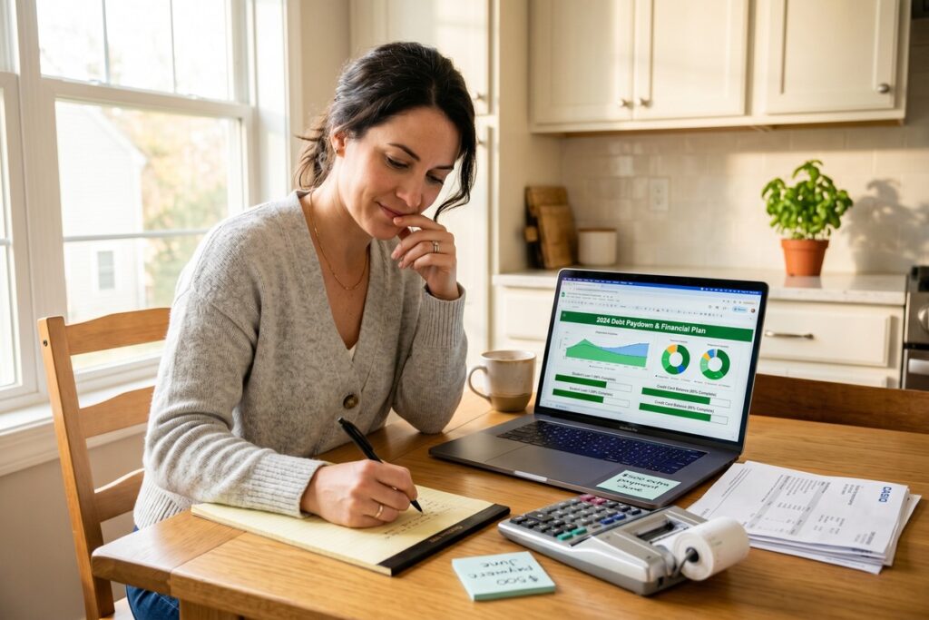 Person reviewing student loan payoff alternatives and repayment strategies at a desk with financial documents