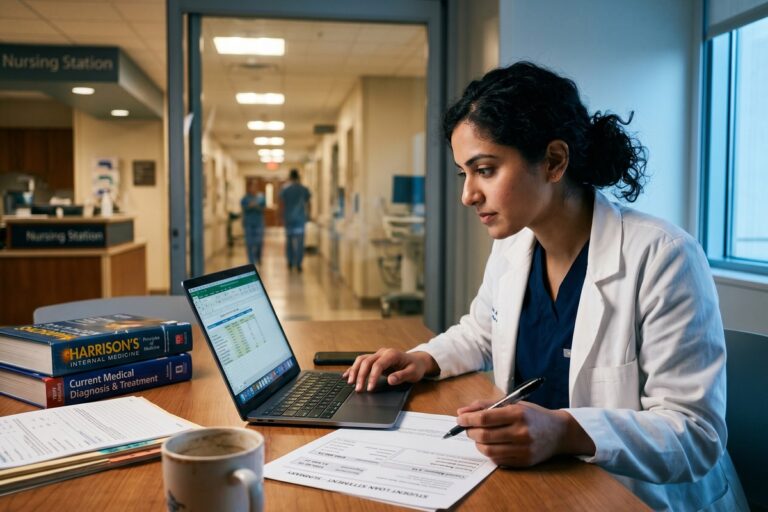Doctor in white coat reviewing student loan refinancing options during medical residency