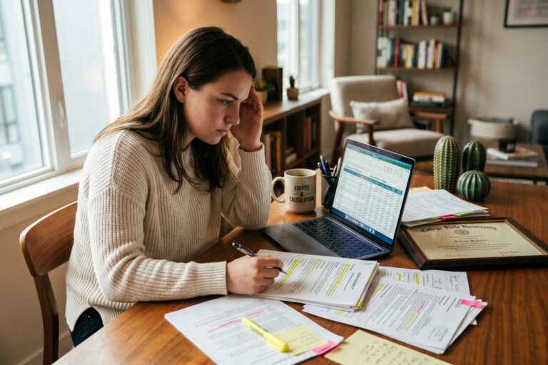 Stressed borrower reviewing student loan repayment mistakes on laptop