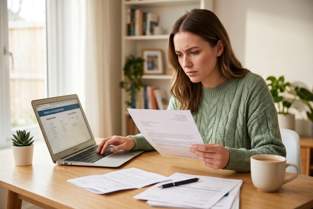 Borrower reviewing student loan servicer transfer notice on laptop at a desk