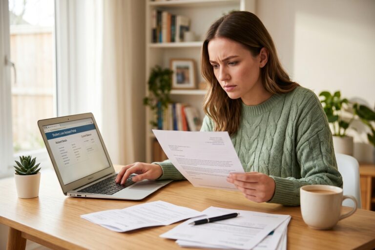 Borrower reviewing student loan servicer transfer notice on laptop at a desk