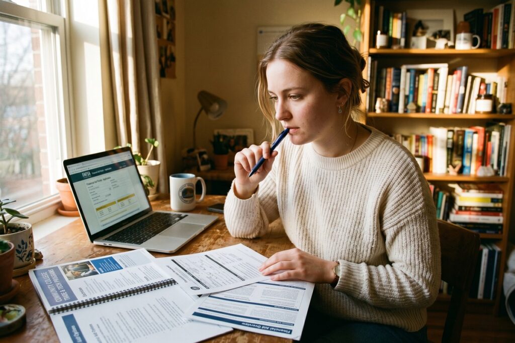 Student reviewing loan options for a certificate program on a laptop