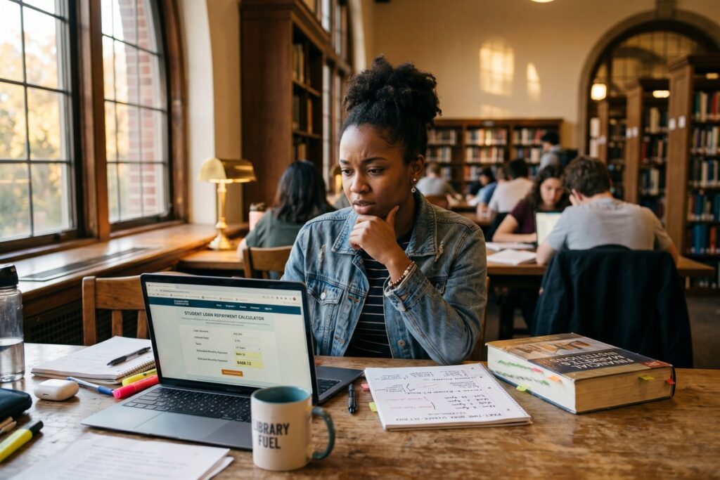 Part-time student reviewing student loan options on a laptop at a college library