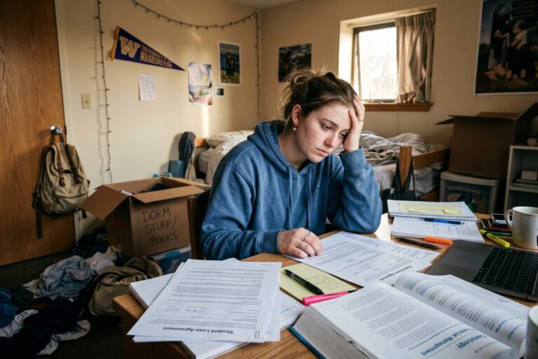 College student reviewing student loan documents after deciding to drop out before finishing degree
