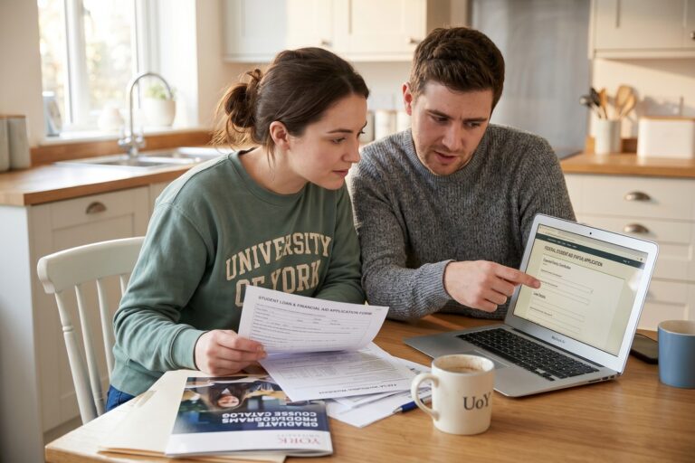 Married couple reviewing student loan documents and joint income details at a desk