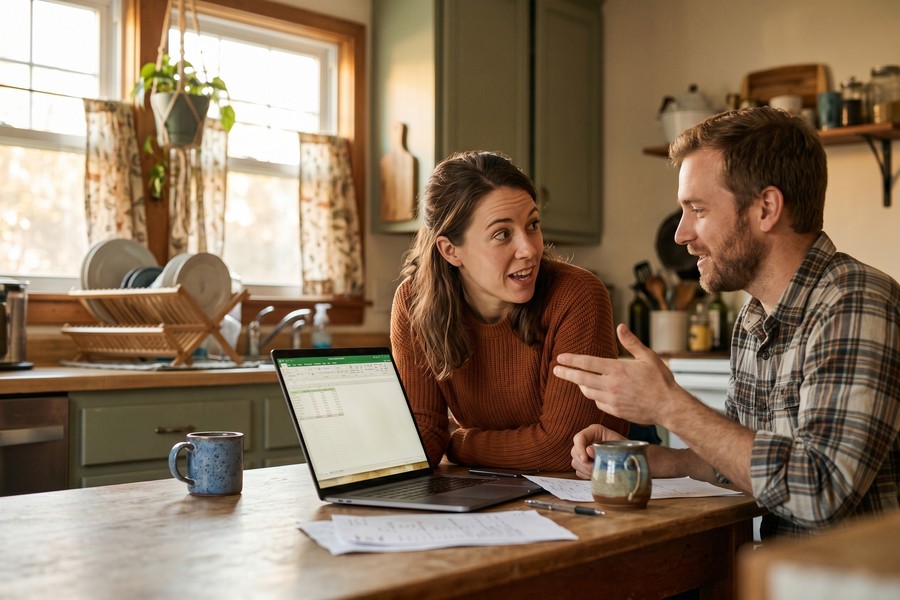 Married couple reviewing student loan repayment strategy documents together at home