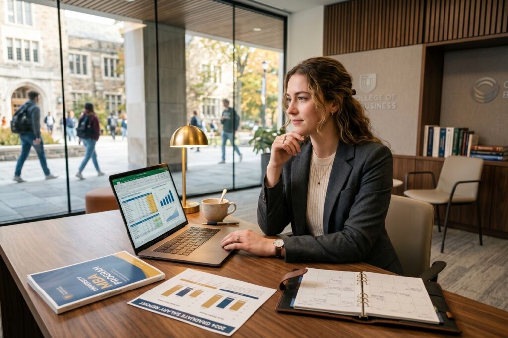 Graduate student reviewing MBA loan documents and starting salary figures at a desk