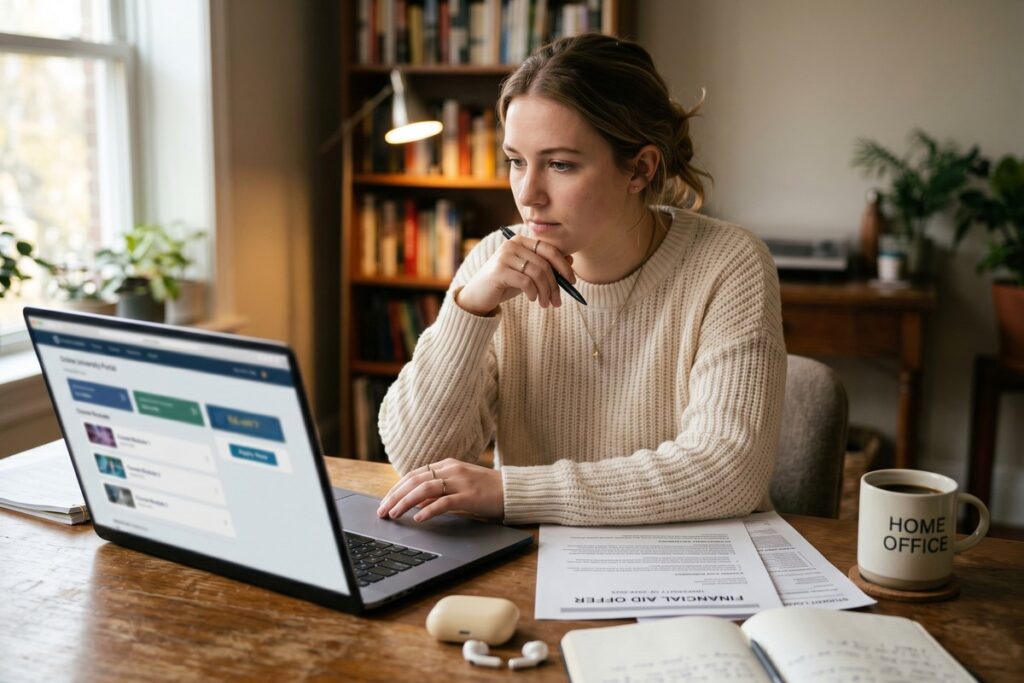 Student reviewing student loans for online degrees on a laptop at a desk