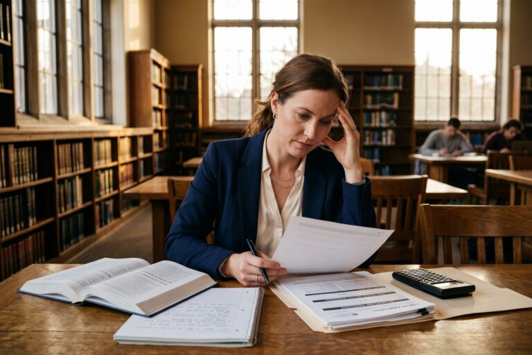 College student reviewing student loan documents for a second bachelor's degree program