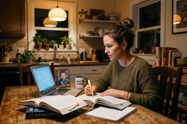 Single mom studying at a desk with textbooks and a laptop while managing student loan paperwork