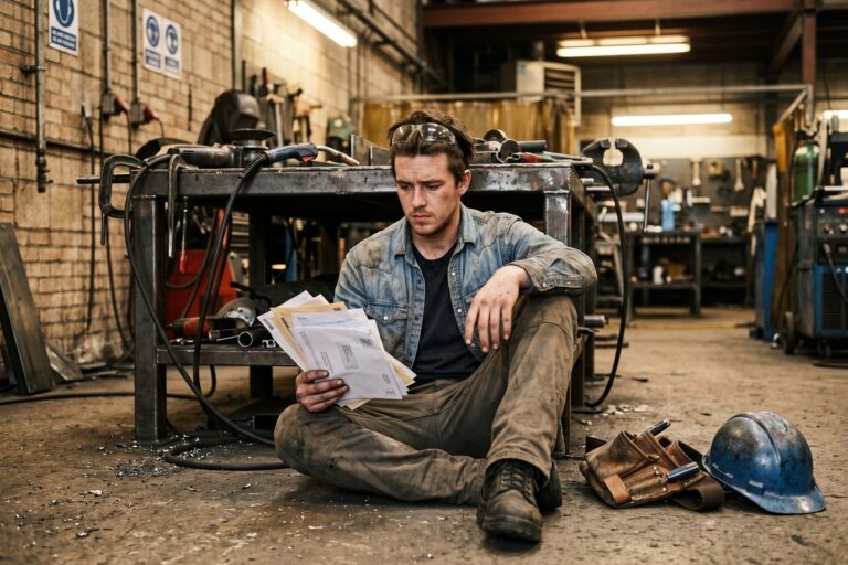 Trade school student reviewing student loan options on a laptop in a vocational workshop
