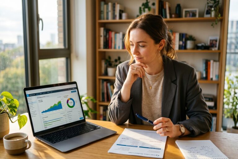 Person at a desk weighing student loan statements against an investment account on a laptop screen