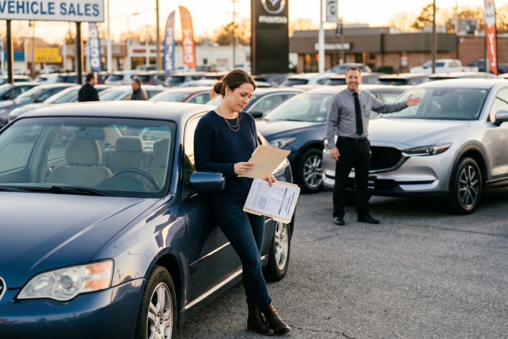 Person reviewing auto loan documents before trading in a financed car at a dealership