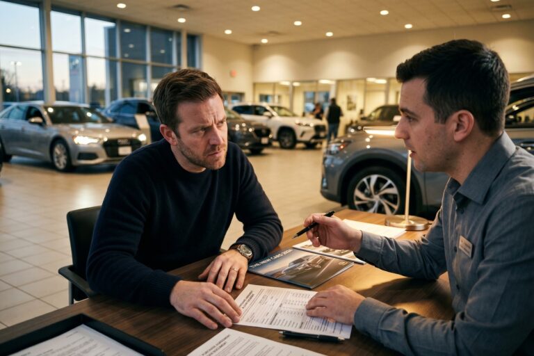 Person at car dealership reviewing trade in negative equity paperwork with a dealer