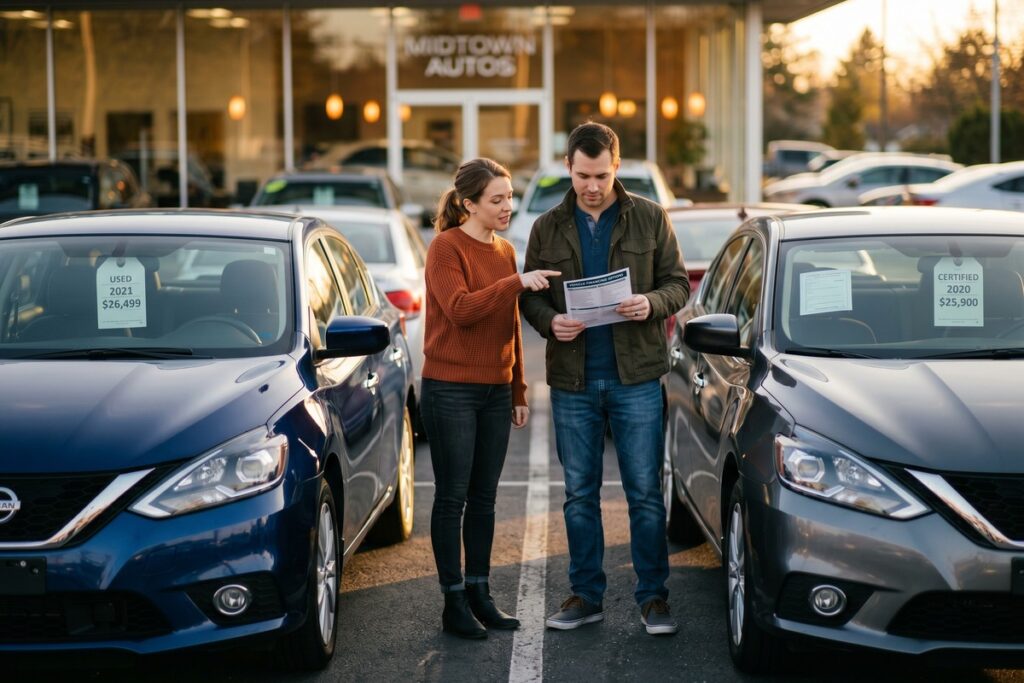 Side-by-side comparison of used car loan and certified pre-owned financing options at a dealership