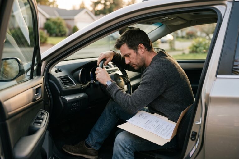 A person handing over car keys to a lender representative at a dealership, representing voluntary vehicle surrender on an auto loan