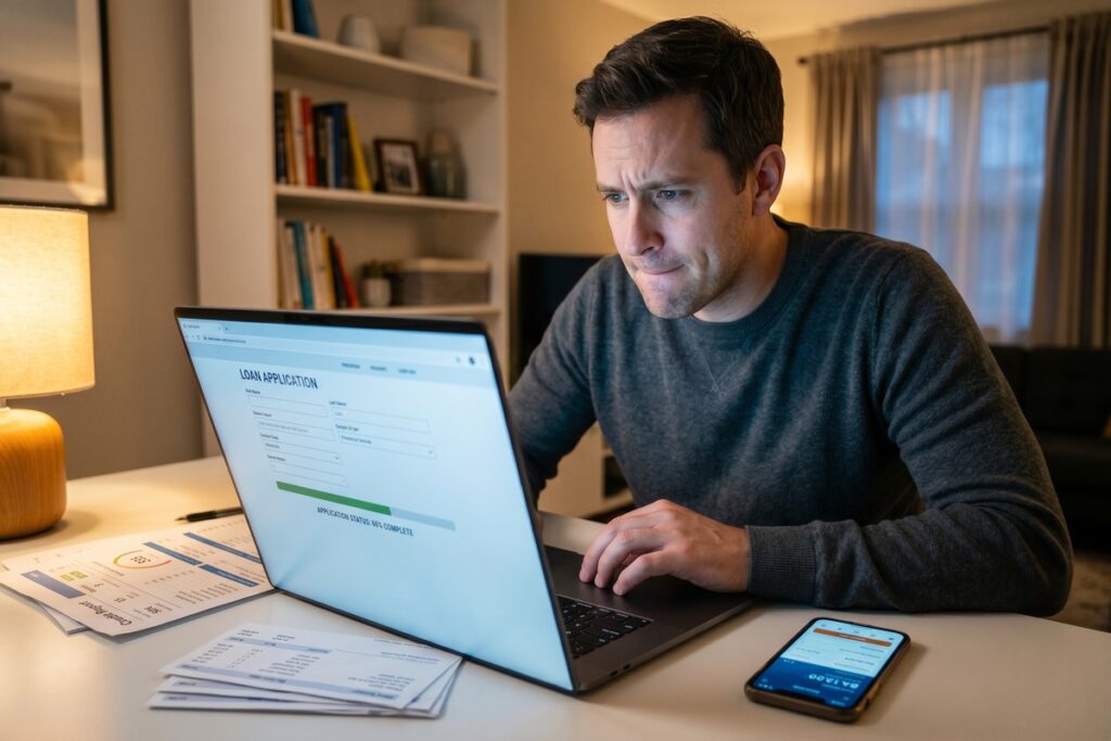 Lender reviewing an online loan application on a computer screen showing credit and financial data