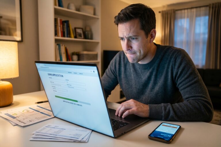Lender reviewing an online loan application on a computer screen showing credit and financial data