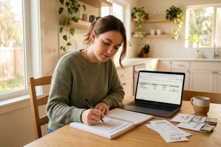 Beginner sitting at a desk creating a zero-based budget on paper with a calculator and laptop